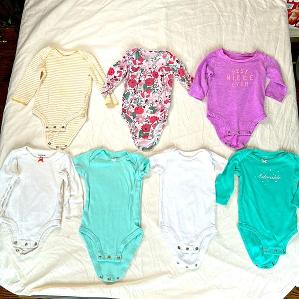 Carter’s bundle of 7 baby girl size 6 month onesies. 5 long sleeve and 2 short.